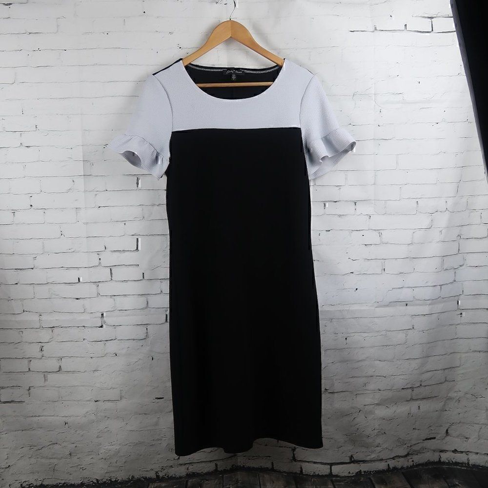 SLINKYāBRANDāBLACKā&āWHITEāCOLORBLOCKāRUFFLEāSLEEVEāROUNDāNECKāMIDIāDRESSāSIZEāS